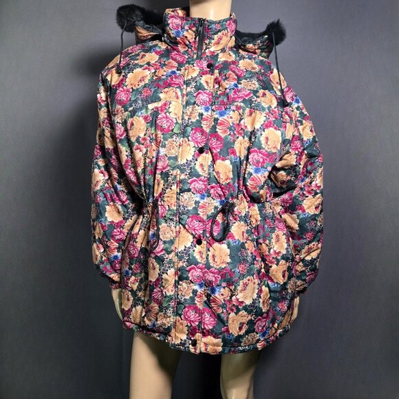 Vintage 80s Floral Puffer Ski Jacket Coat Black Faux Fur Trim Oversized size L - Picture 3 of 16